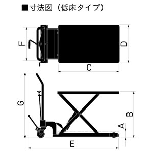 手動式リフター台車リフトテーブルキャデ【LTX-H200L-6】寸法図