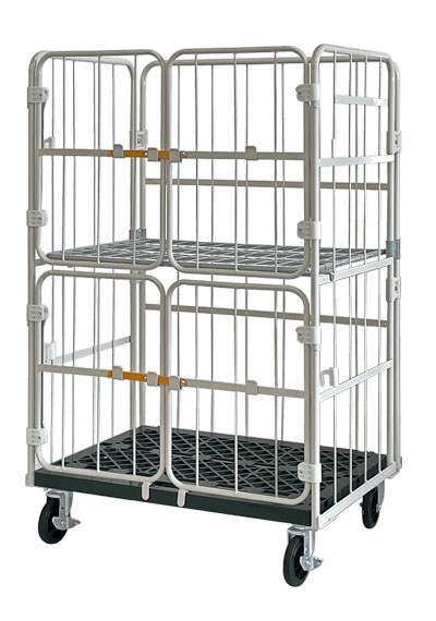 跳ね上げ式一体中間棚付き・上下観音扉付きカゴ台車床板樹脂コンビテナー代表画像【WKRC80-PI（HA）】クリックで拡大表示