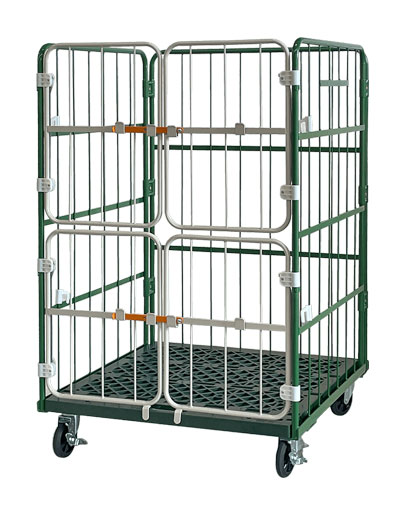 上下観音扉付きカゴ台車床板樹脂コンビテナー代表画像【WKRC90-PG（i）】クリックで拡大表示